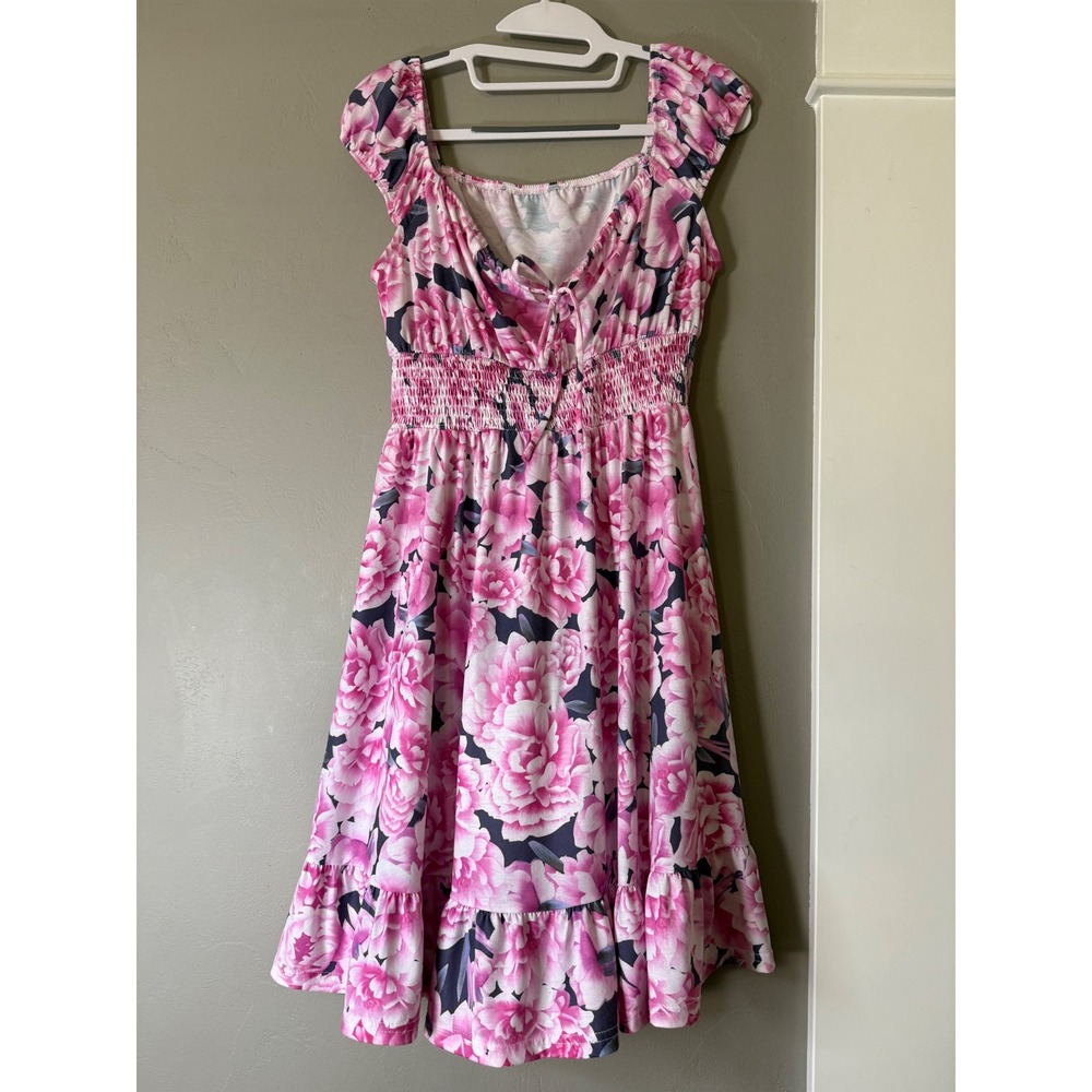 Pink Floral Smocked Waist Ruffle Hem Cap Sleeve Fit & Flare Dress